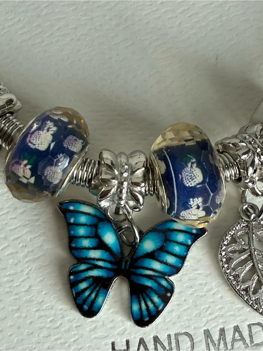 Mint Silver Charm Bracelet with Blue Butterfly and Navy Glass Beads